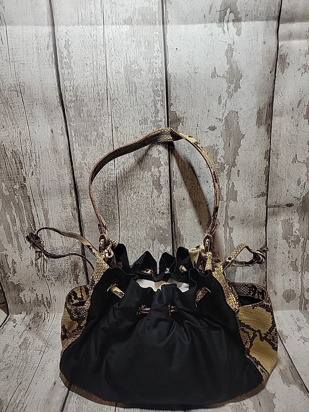 Vtg KATE SPADE Snakeskin Nylon Hobo Shoulder Bag Purse Cinched Drawstring